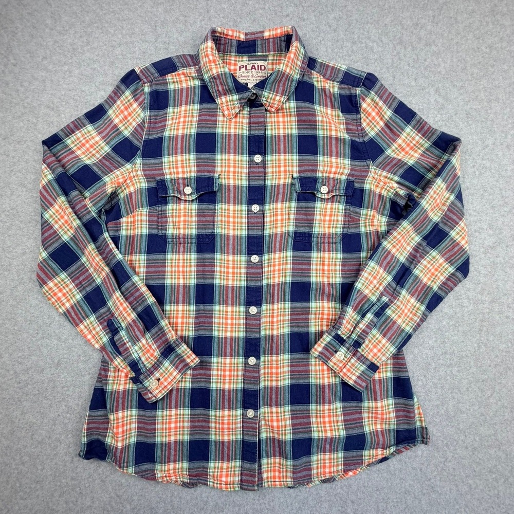 Old Navy Plaid Button Down Shirt Womens Medium Navy Orange Cotton Long Sleeve